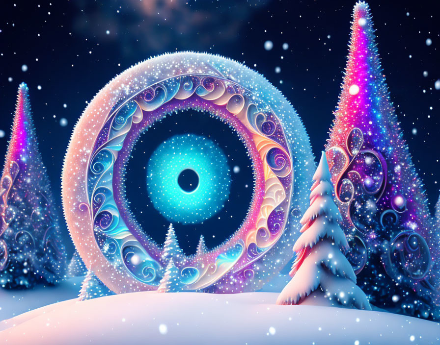 Iridescent spiral portal in snowy winter night