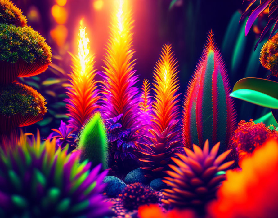 Colorful Neon-Lit Plants in Fantastical Garden Scene