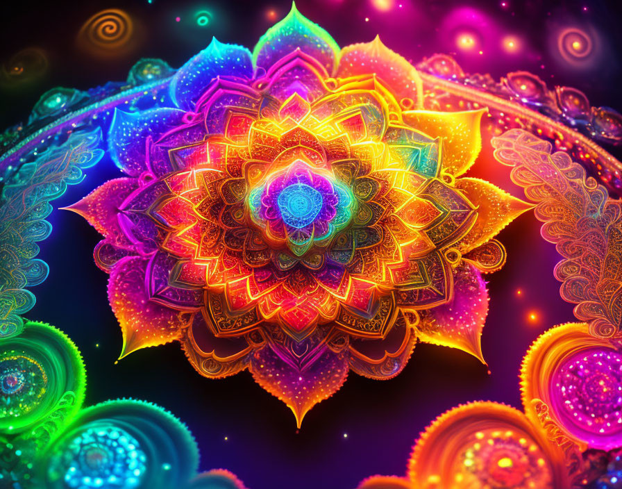 Colorful neon-lit mandala on cosmic backdrop