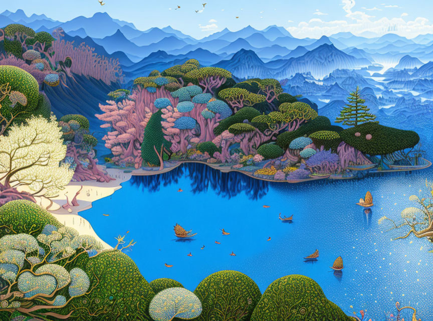 Colorful Landscape Illustration: Lake, Flora, Mountains