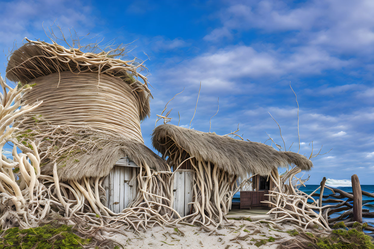 Thatched roof beach hut with mushroom-like design and driftwood sculptures under blue sky