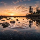 Fantastical landscape with mushroom-like trees and tranquil river at sunset