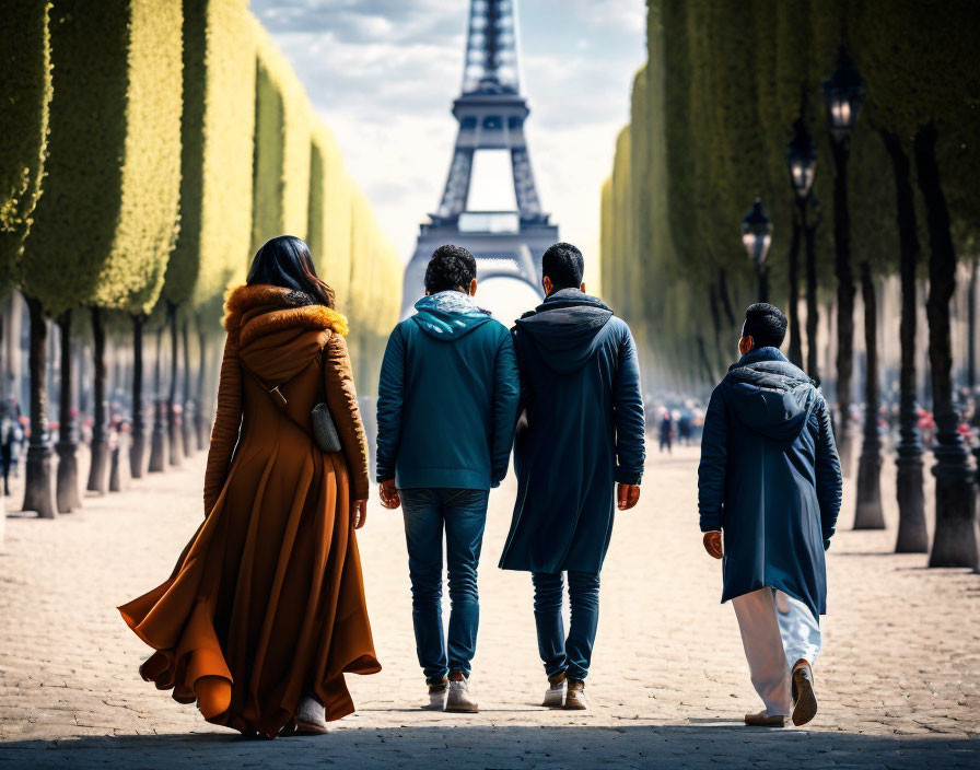 Group of Four People Walking to Eiffel Tower on Sunny Day