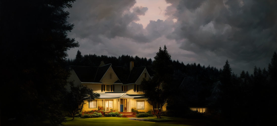 Serene house at dusk surrounded by trees under dramatic cloudy sky