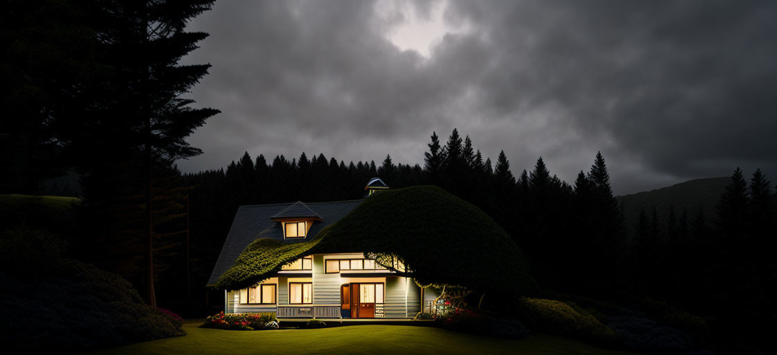 Nighttime scene of illuminated house amidst pine trees and gardens