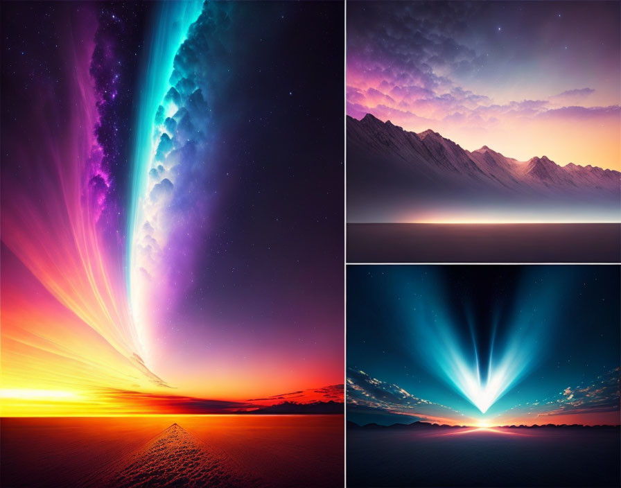 Colorful Aurora Collage Over Snowy Mountains & Plains