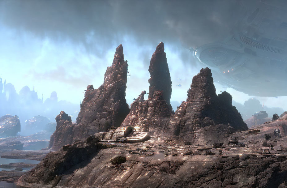 Futuristic landscape with towering rocks, landed spaceship, and hovering spacecraft