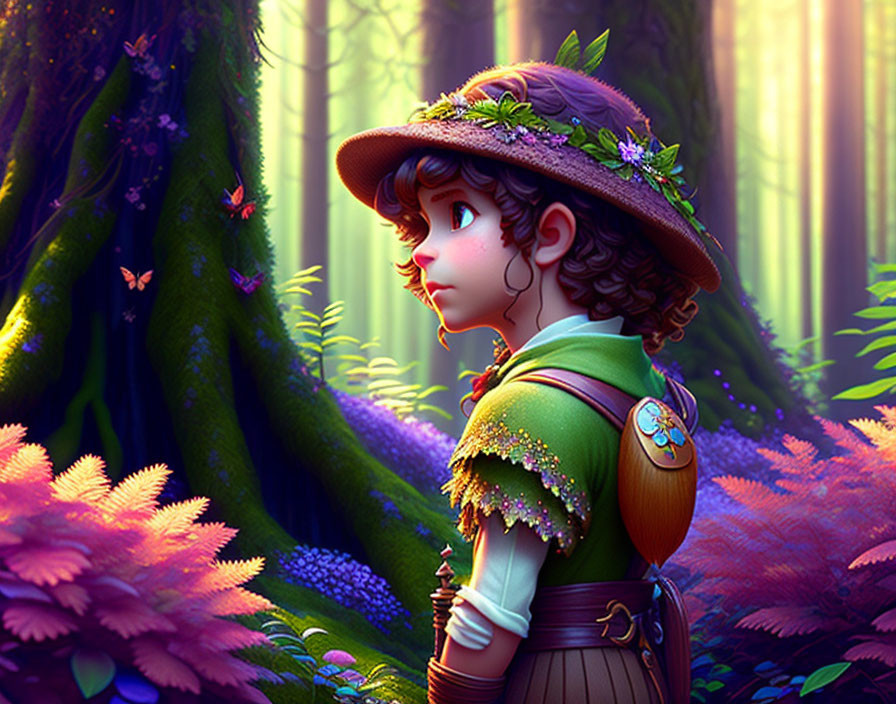 Girl in floral hat and green cape in enchanted forest with vibrant flora and butterflies