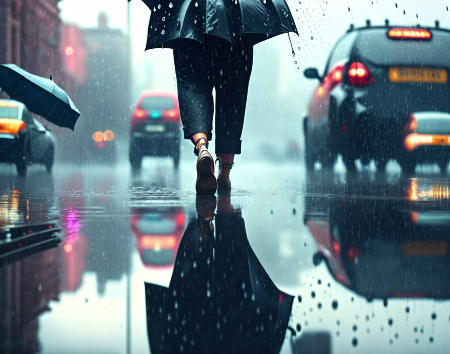 Pedestrian with umbrella on wet street in rainy cityscape