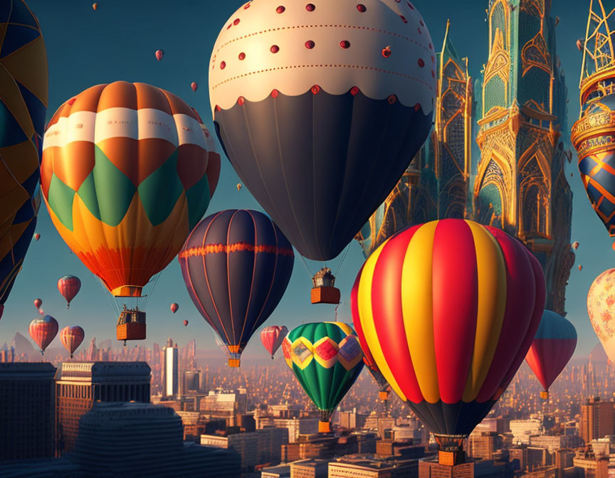 Vibrant hot air balloons over intricate cityscape under clear sky