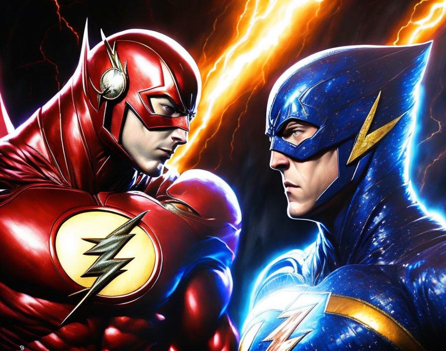 Intense expressions of superheroes in red and blue costumes with lightning bolt emblems, set against crackling