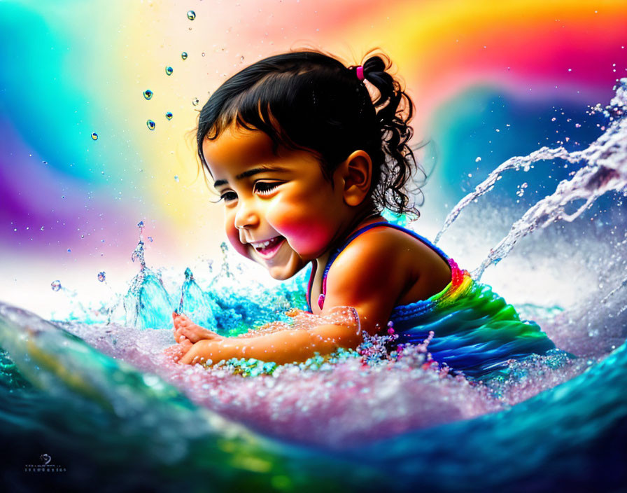 Colorful swimsuit toddler splashes in vivid water against rainbow background