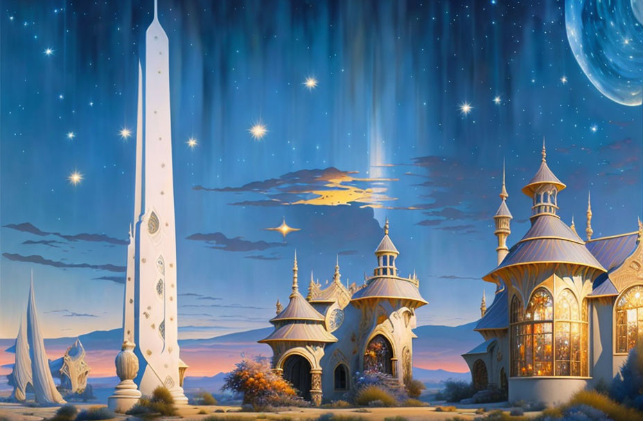 Fantasy night scene with clock tower, ornate buildings, shooting stars, and crescent moon.