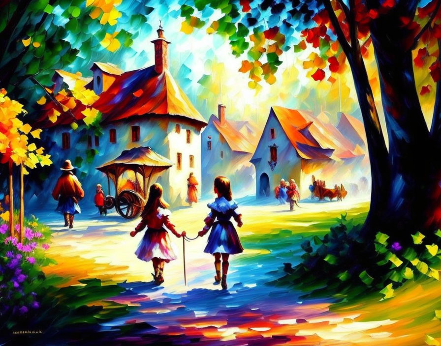 Colorful painting of children in autumn village scene with villagers.