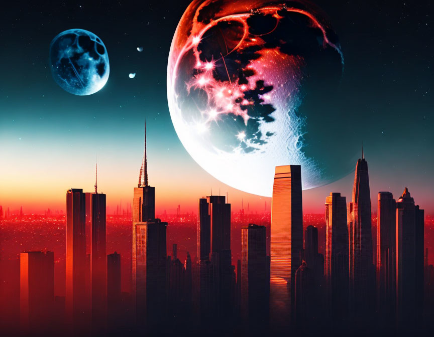 Futuristic city skyline with oversized planets at sunset