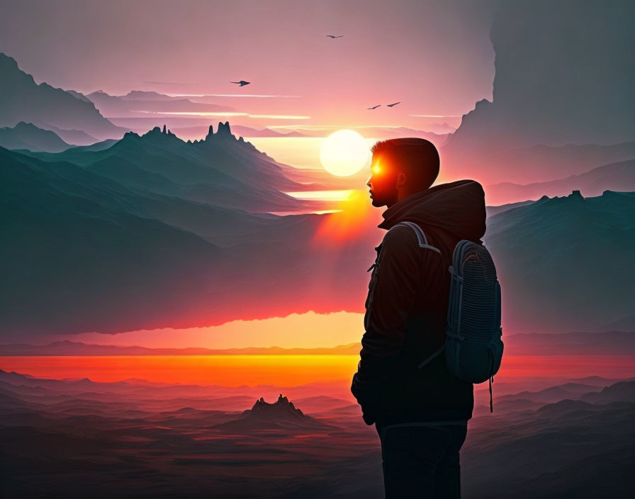 Backpacker silhouette against vibrant sunset with mountains & birds