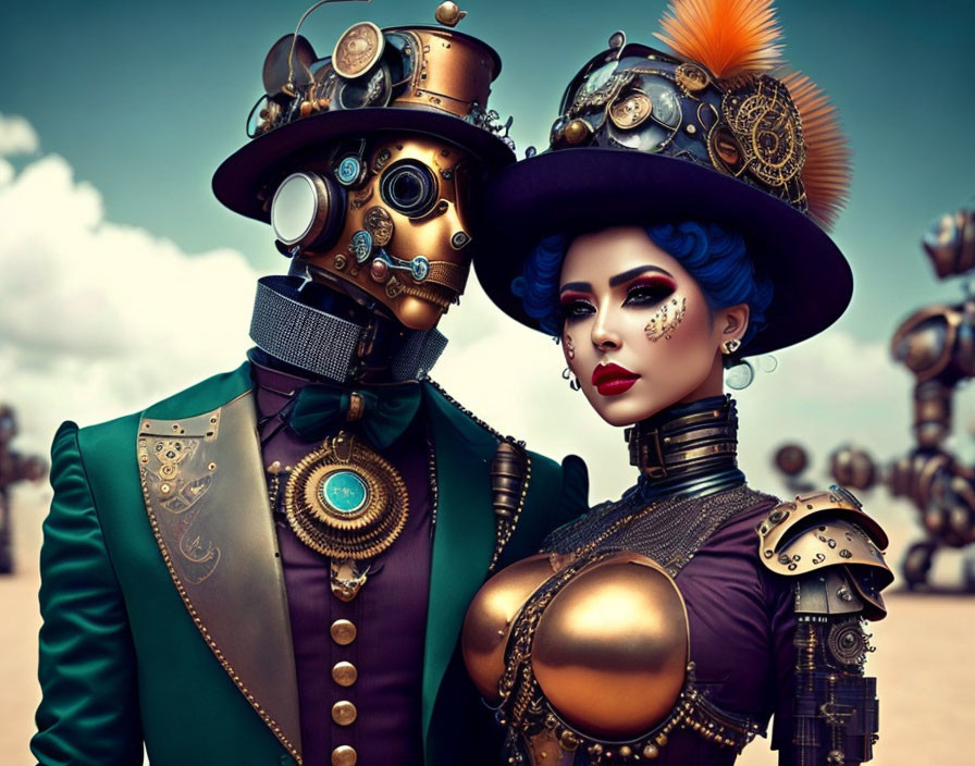 Steampunk Attired Individuals with Mechanical Accessories under Cloudy Sky