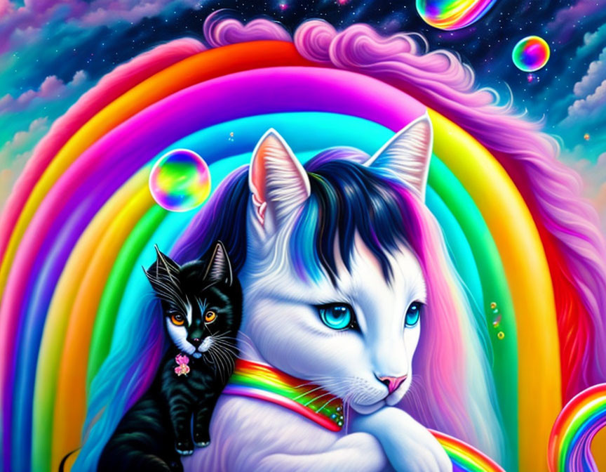 Colorful Illustration of White Cat with Black Kitten on Rainbow Background