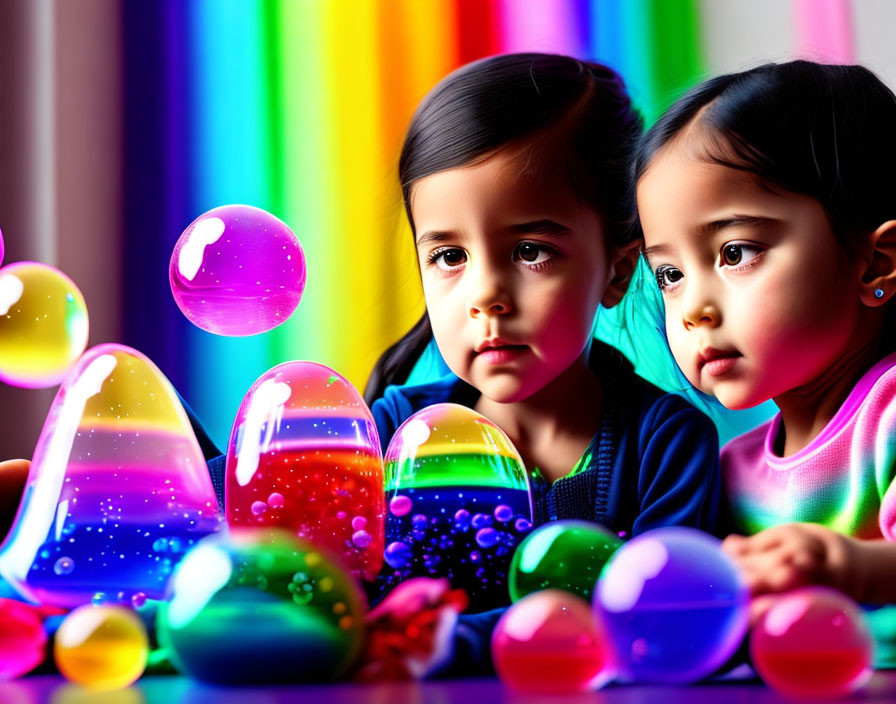 Children captivated by colorful glowing orbs on table with rainbow backdrop