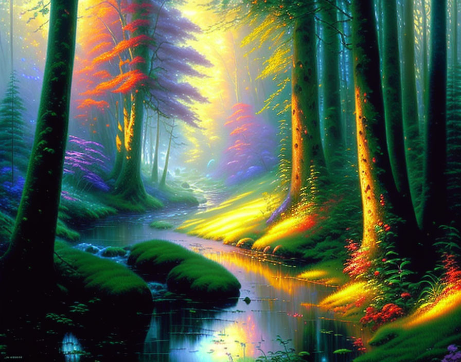 Enchanted Forest Digital Artwork with Stream and Sunlight