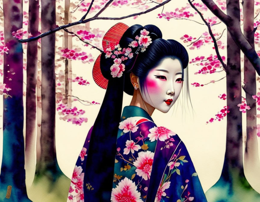 Geisha painting with floral hairdo and kimono in cherry blossom setting