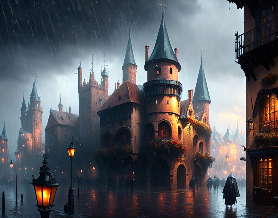 Ancient castle with glowing windows on rainy evening, cobblestone streets, person with umbrella