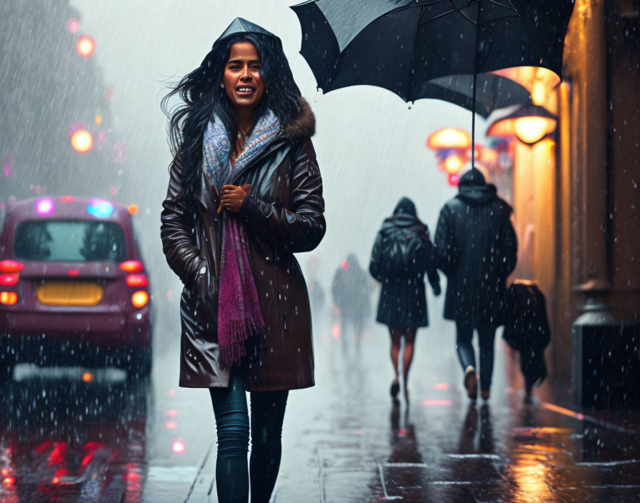 Woman smiling with umbrella in rainy city scene