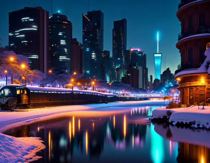 Nighttime cityscape with illuminated skyscrapers, tranquil river, snow-covered embankment, and