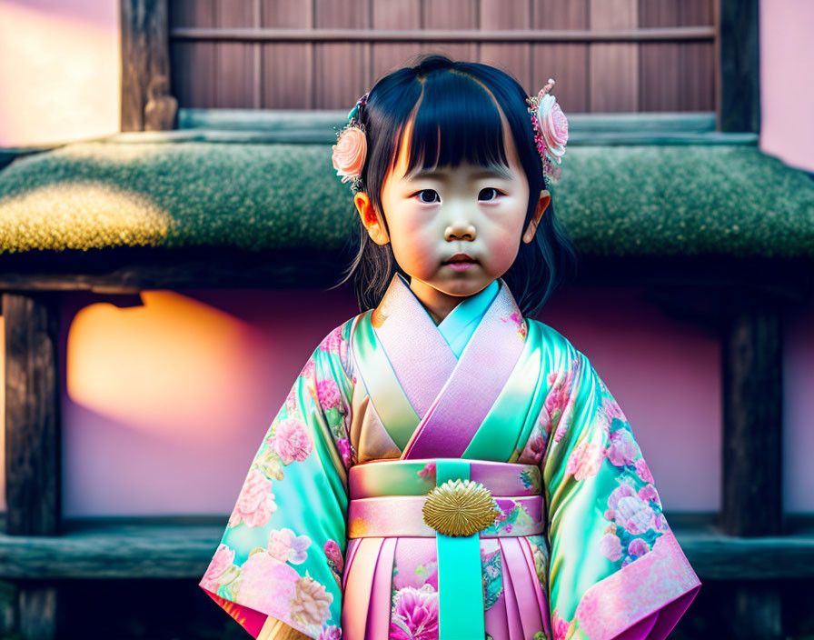 Young girl in colorful traditional Japanese kimono with floral patterns standing in front of wooden building at dusk