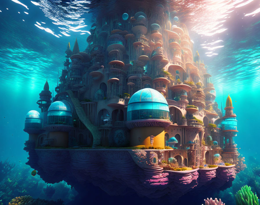 Underwater city with illuminated domes and towers amid marine life and coral