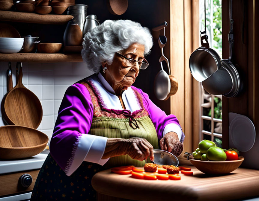 Elderly woman cutting vegetables in cozy kitchen