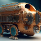 Steampunk-style copper vehicle with gears and porthole windows parked in courtyard