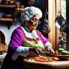 Elderly woman cutting vegetables in cozy kitchen