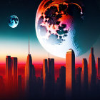 Futuristic city skyline with oversized planets at sunset