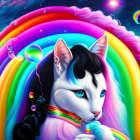 Colorful Illustration of White Cat with Black Kitten on Rainbow Background