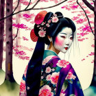 Geisha painting with floral hairdo and kimono in cherry blossom setting