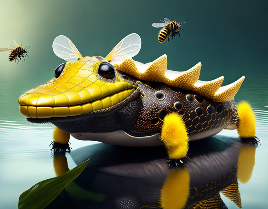 Whimsical digital artwork: Yellow and black alligator with bee-like features surrounded by flying bees