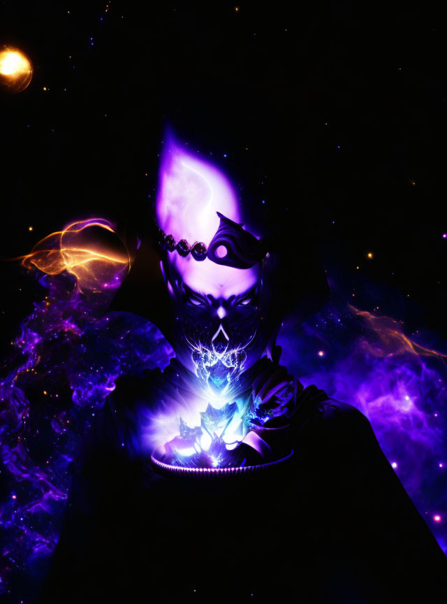 Figure with Cosmic Mask in Vibrant Space Scene