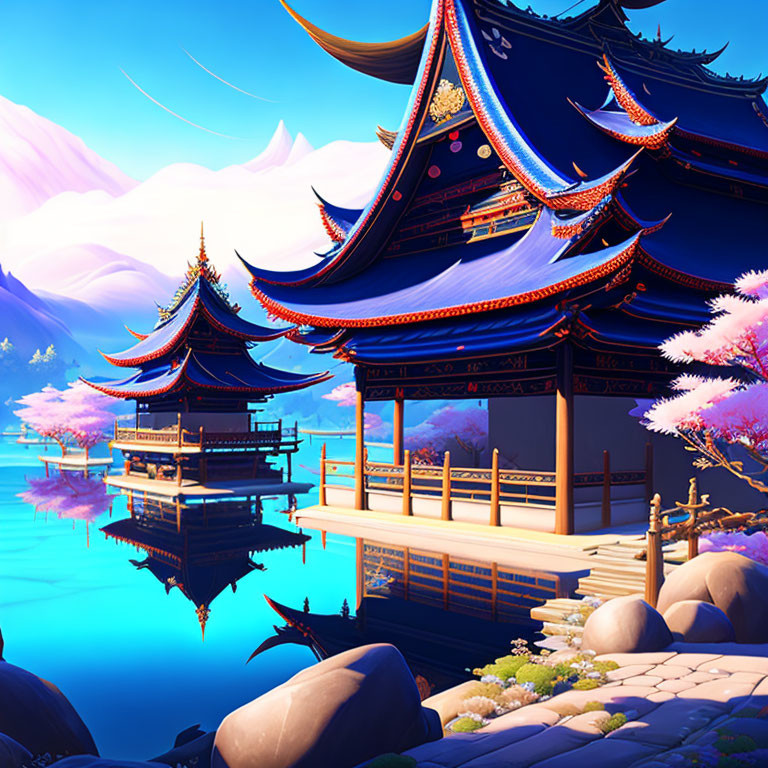 Serene Oriental scene with traditional pavilions by reflective lake