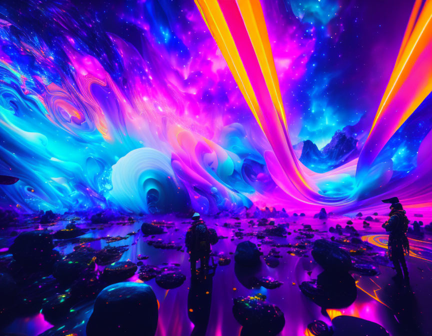 Colorful Digital Art: Astronaut in Psychedelic Space Landscape