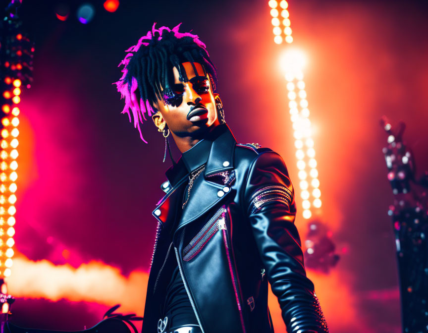 Purple-Tinted Dreadlocks & Black Leather Jacket Against Vibrant Bokeh Lights