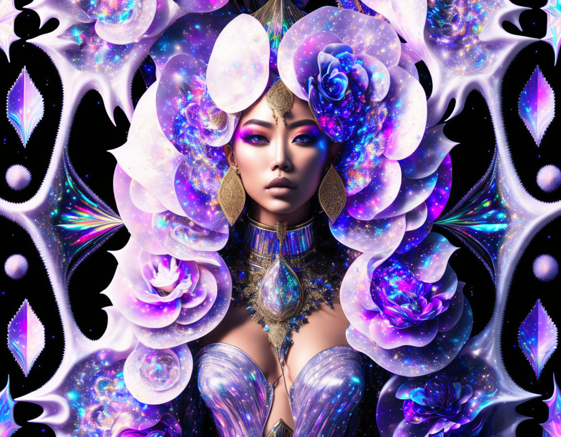 Cosmic-themed digital artwork of a woman with floral elements