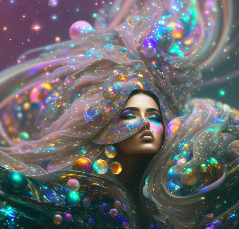 Cosmic-themed digital art portrait of a woman with vibrant orbs and stars.