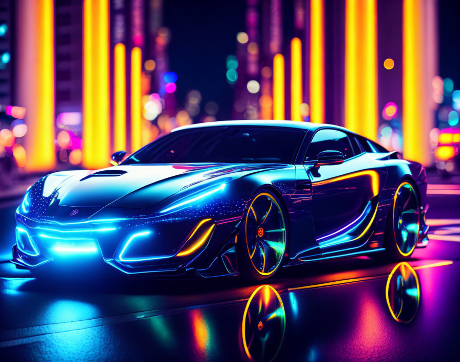 Sleek sports car with neon underglow in city night scene