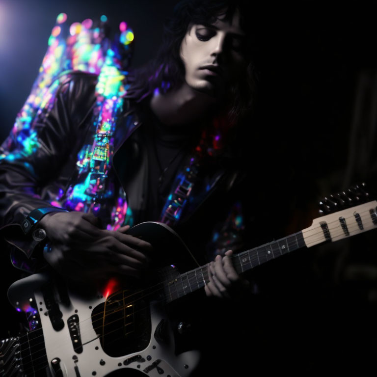 Musician in Leather Jacket Playing Electric Guitar Under Colorful Stage Lights