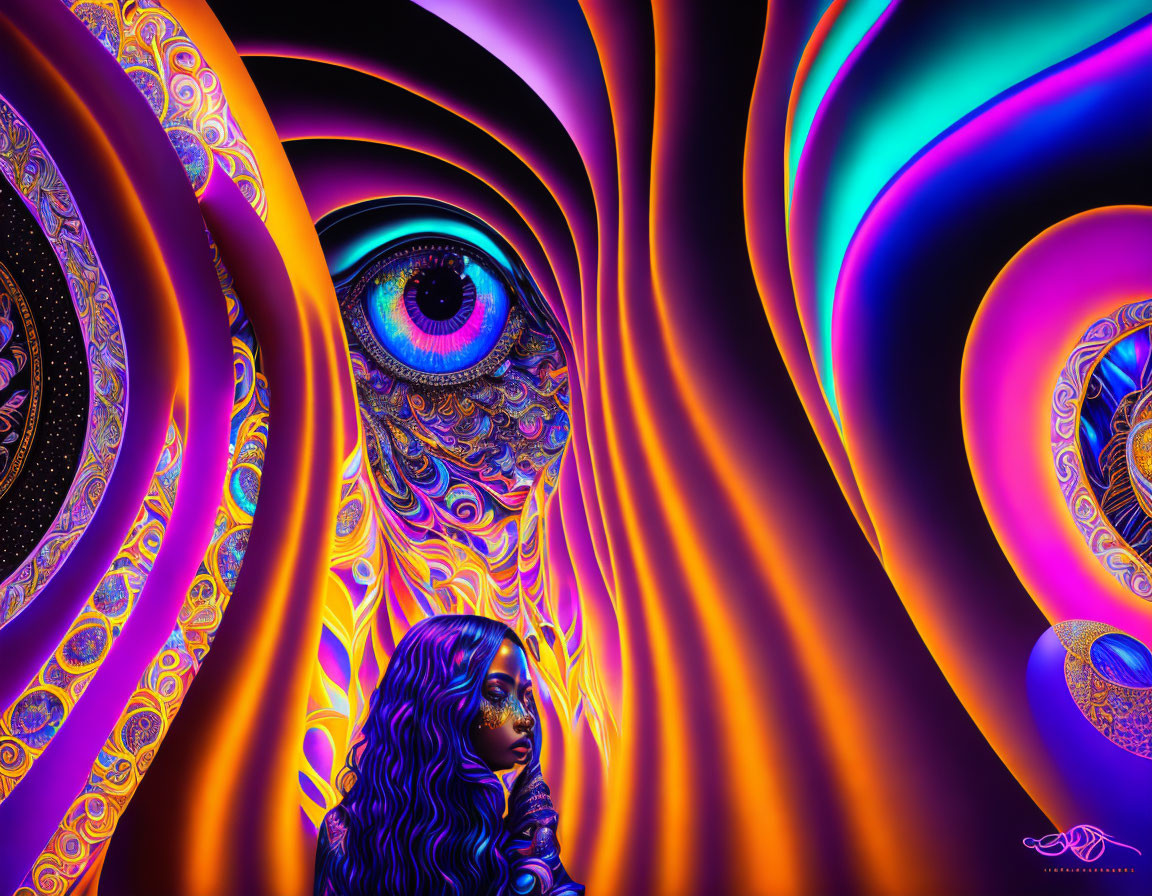 Colorful Psychedelic Artwork with Wistful Woman and Eye Motif