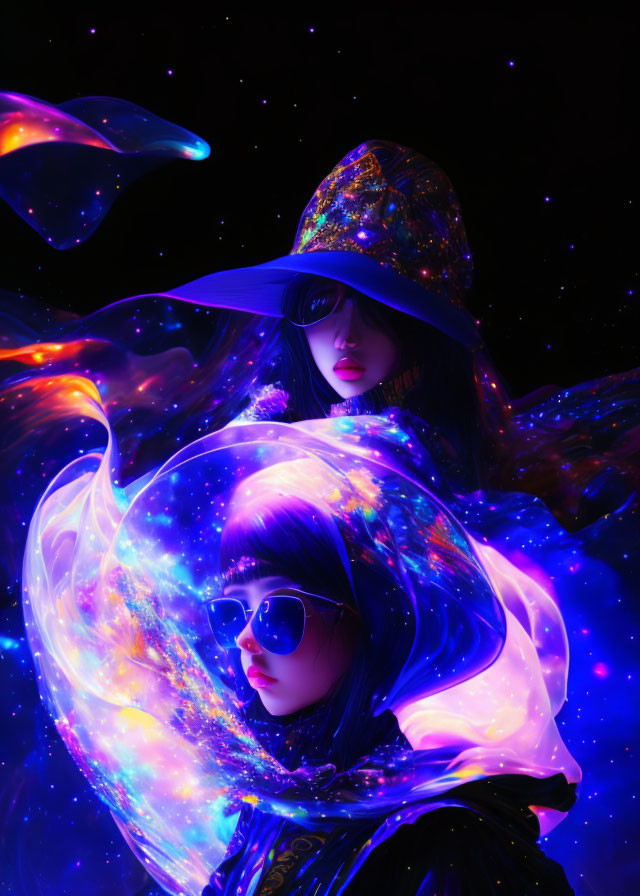 Two women in cosmic-themed attire with nebula patterns on starry backdrop