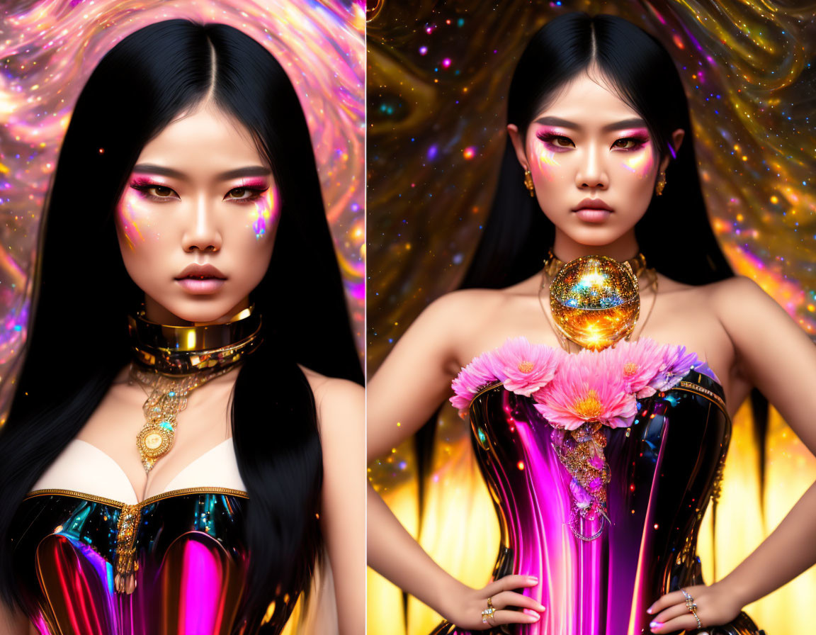 Woman with vivid makeup and black hair in pink corset on cosmic backdrop