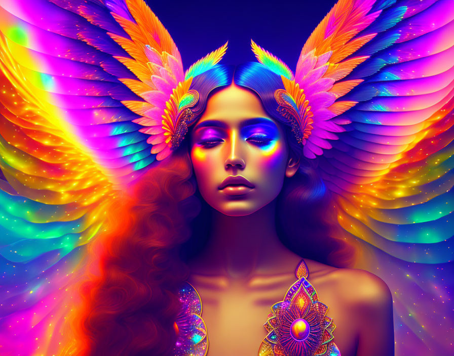 Colorful woman with wing-like feathers and glowing jewel on chest against psychedelic backdrop