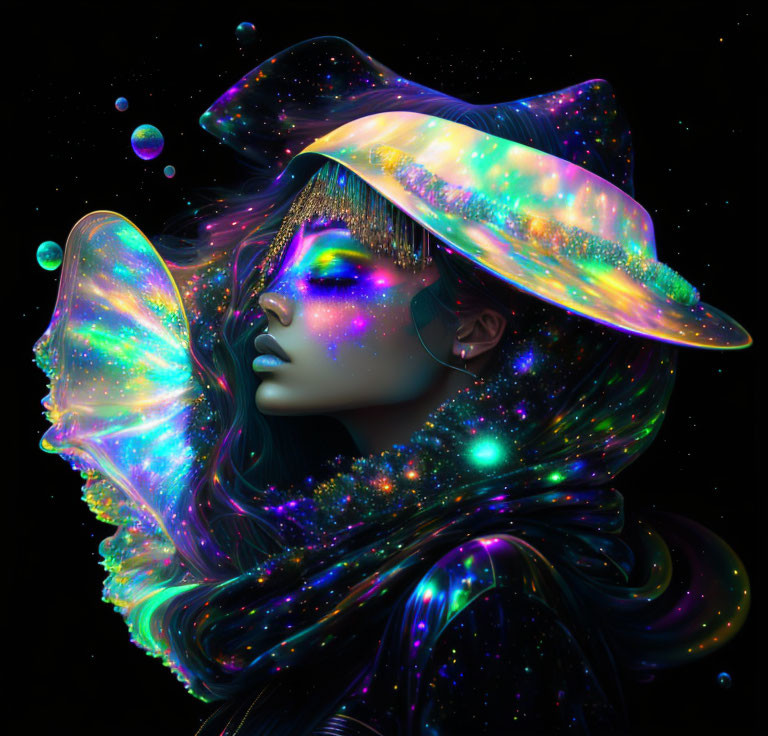 Cosmic-themed digital artwork of woman with galaxy hat and butterfly wing